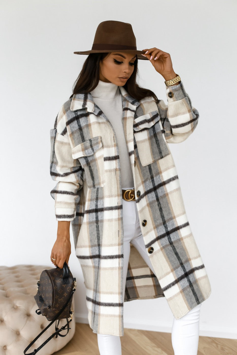 Oversized Plaid Longline Shacket with Lapel Collar