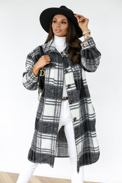 Oversized Plaid Longline Shacket with Lapel Collar