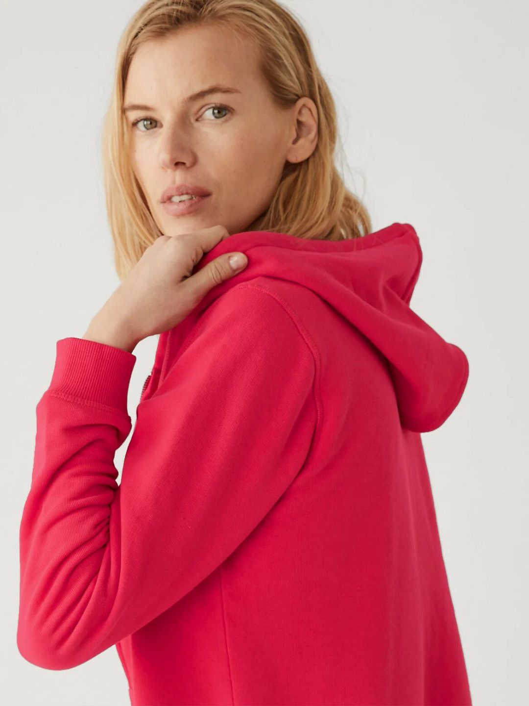Fuchsia Hooded Front Open Cotton Sweatshirt
