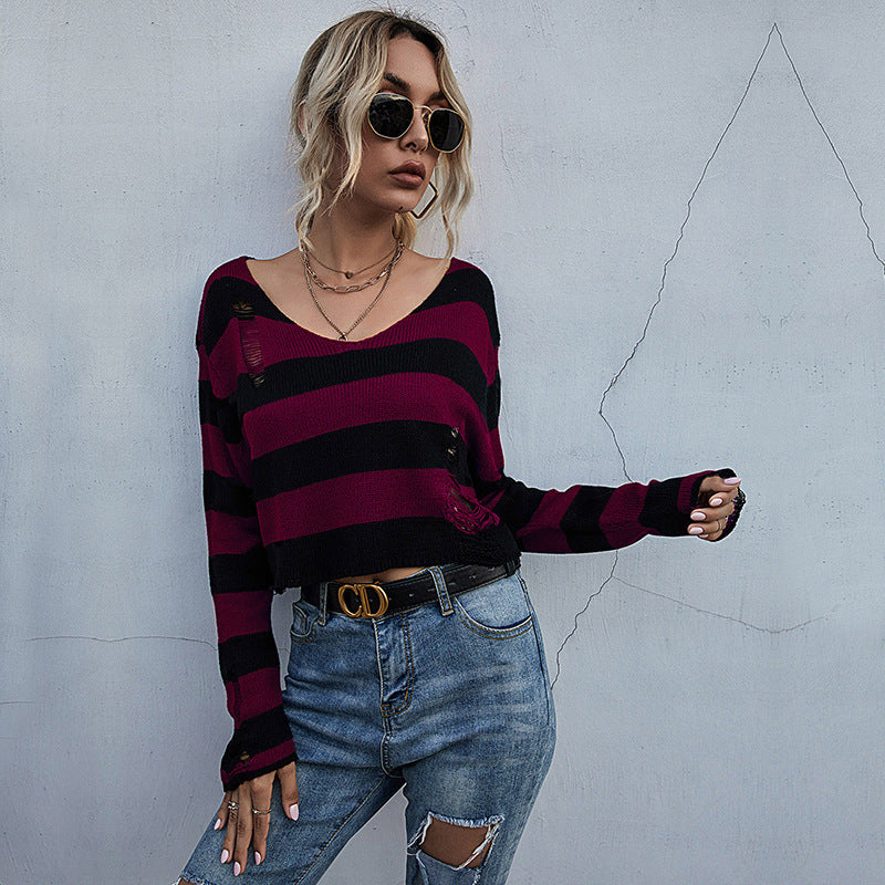 Striped Cropped V-Neck Knit Sweater with Distressed Detail