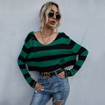 Striped Cropped V-Neck Knit Sweater with Distressed Detail