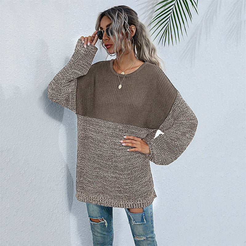 Oversized Color-Block Knit Sweater with Crewneck