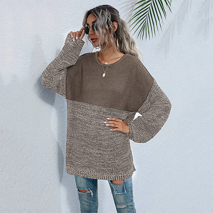 Oversized Color-Block Knit Sweater with Crewneck