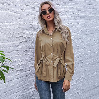 Solid Long-Sleeve Shirt with Waist-Cinching Ties