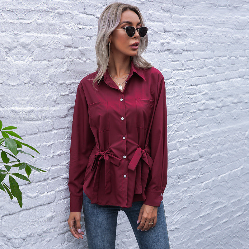 Solid Long-Sleeve Shirt with Waist-Cinching Ties