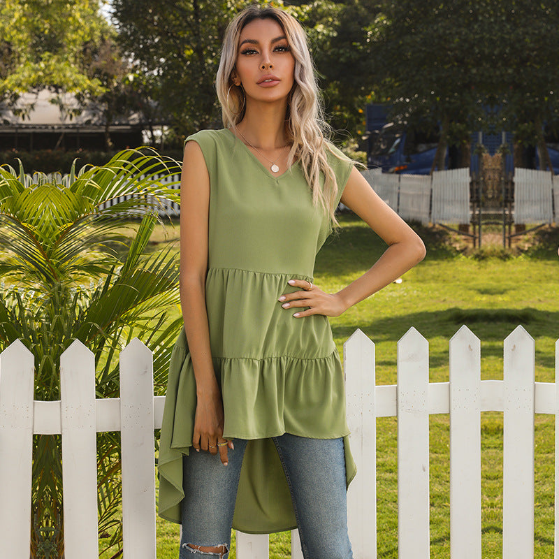 Sleeveless Tiered Dress with V-Neck and Ruffled High-Low Hem