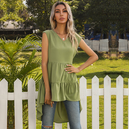 Sleeveless Tiered Dress with V-Neck and Ruffled High-Low Hem