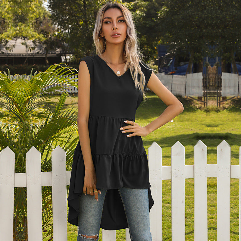 Sleeveless Tiered Dress with V-Neck and Ruffled High-Low Hem