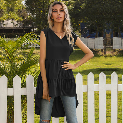 Sleeveless Tiered Dress with V-Neck and Ruffled High-Low Hem