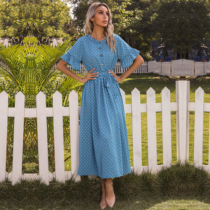 Polka Dot A-Line Maxi Dress with Ruffled Sleeves and Tie Waist