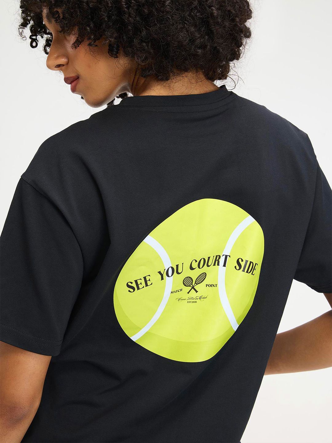 Women Black Courtside Oversized Printed Cotton-Spandex Tee
