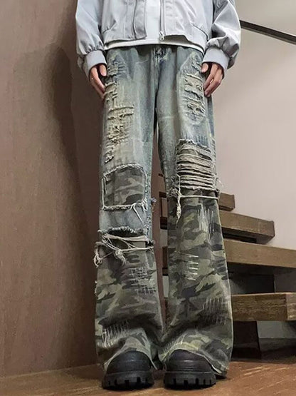 Men Highly Distressed Light Fade Mid-Rise Wide Leg Jeans
