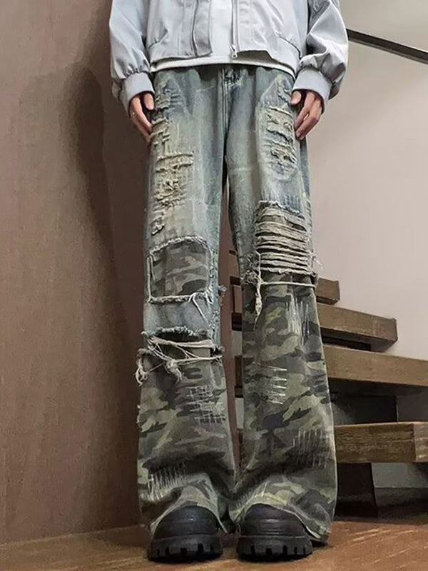 Men Highly Distressed Light Fade Mid-Rise Wide Leg Jeans