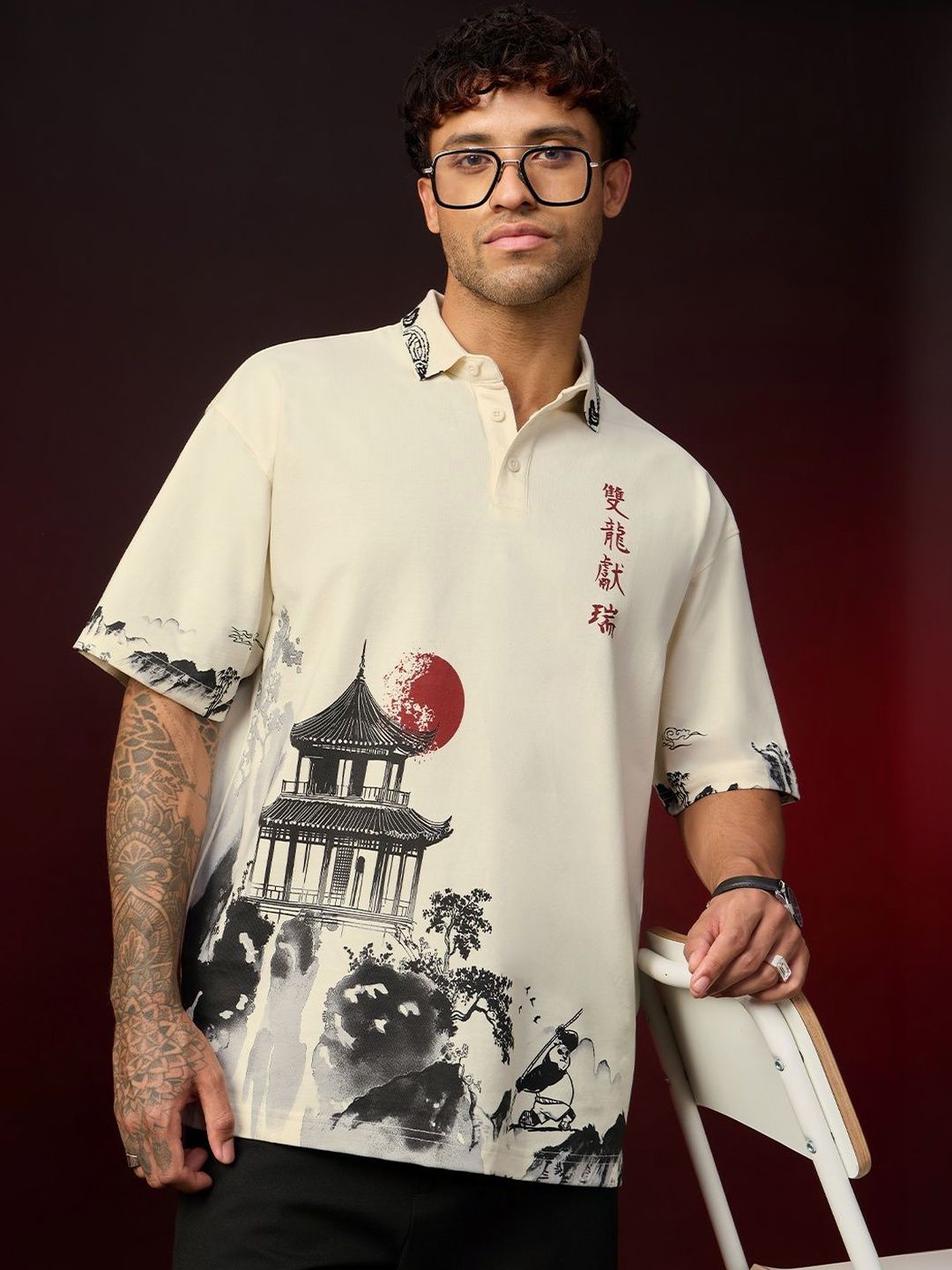 Men Kung Fu Panda Printed Polo Collar Drop-Shoulder Sleeves T-shirt