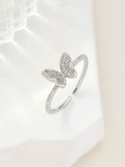 SALTY Silver Plated Stones Studded Butterfly Pendant Chain & Ring Jewellery Set