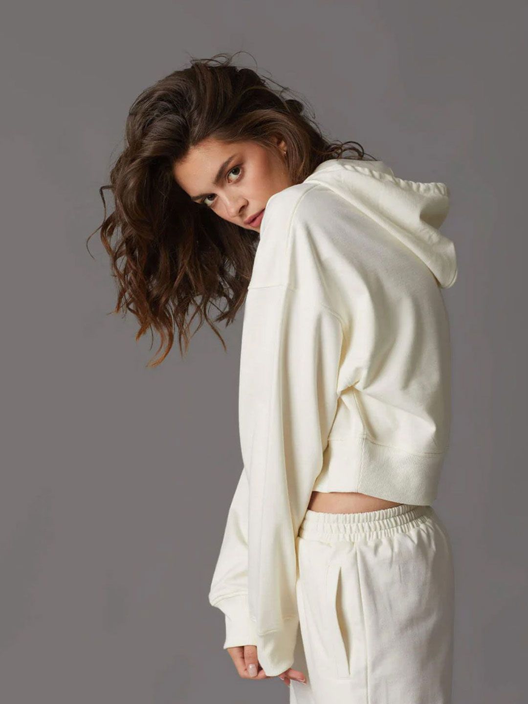 Women Cream Crop Hoodie