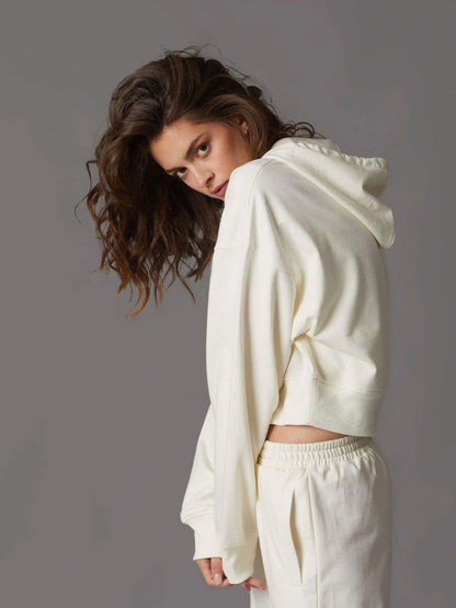 Women Cream Crop Hoodie