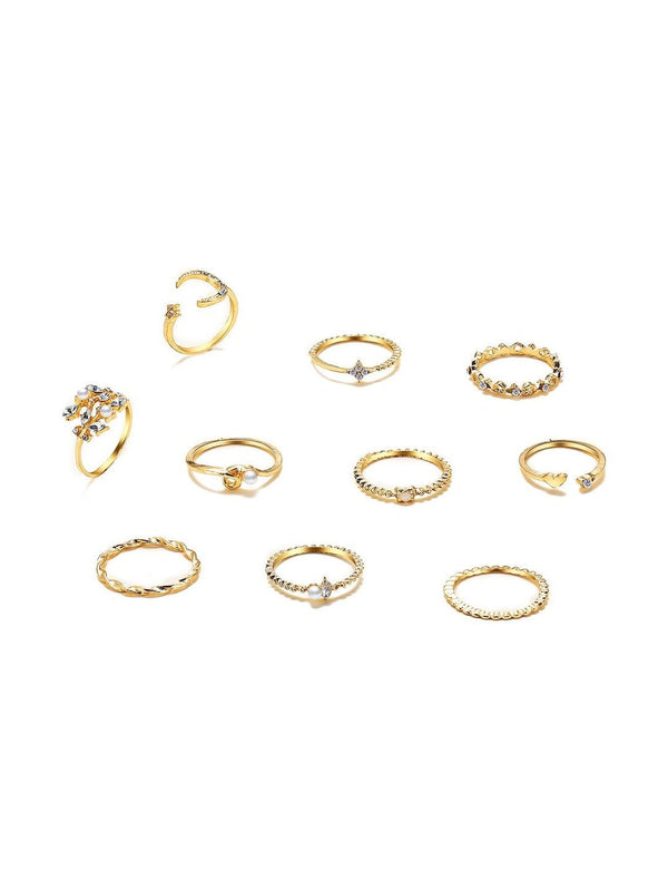 Set of 10 Gold-Plated Stone & Pearls-Studded Finger Rings
