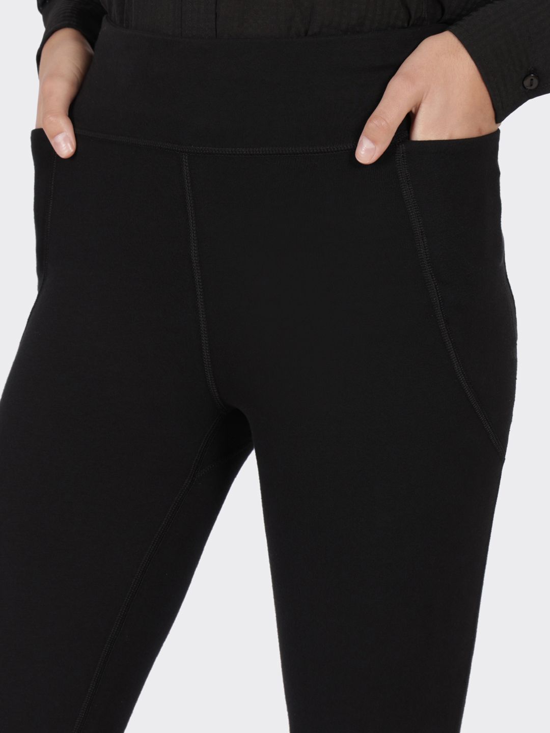 Women Black Tall High Waisted Cotton Flare Pants with Pockets