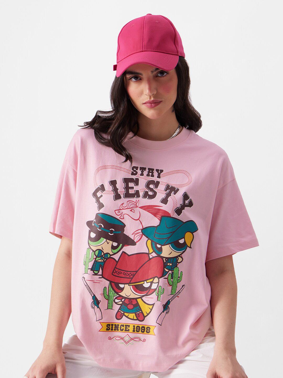 Women Oversized Powerpuff Girls Pink Tshirts