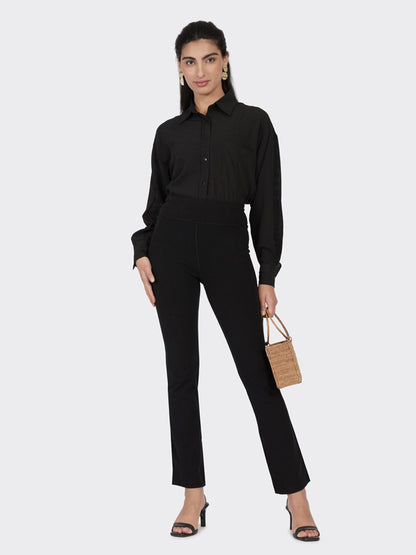 Women Black Tall High Waisted Cotton Flare Pants with Pockets