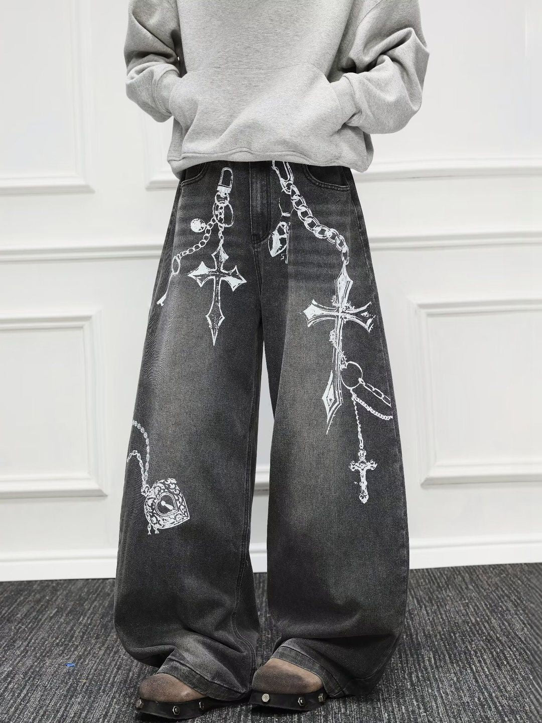 Men Wide Leg Mid-Rise Light Fade Printed Jeans