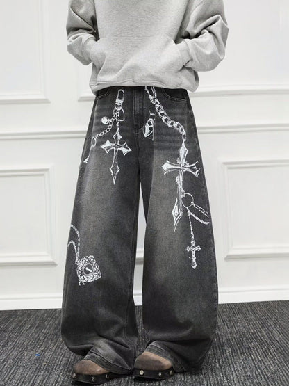 Men Wide Leg Mid-Rise Light Fade Printed Jeans