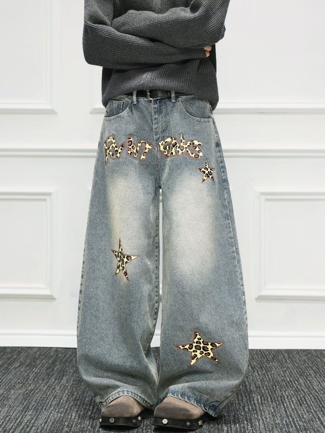 Men Wide Leg Mid-Rise Light Fade Printed Jeans