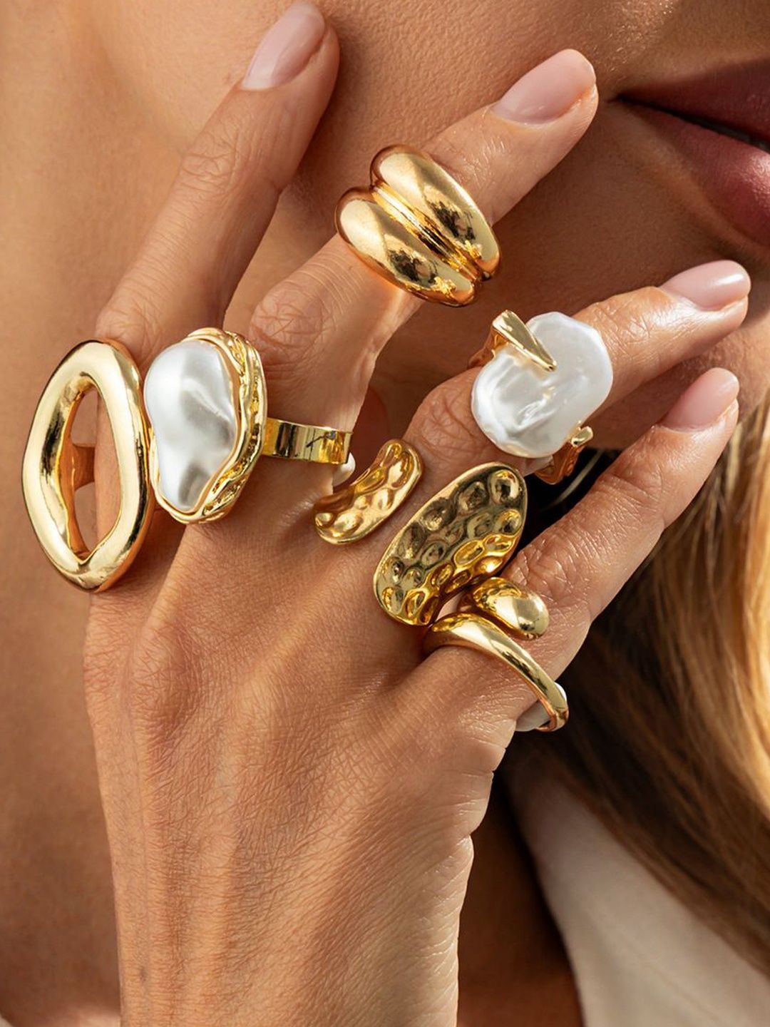 Set Of 6 Gold-Plated Beaded Adjustable Finger Rings