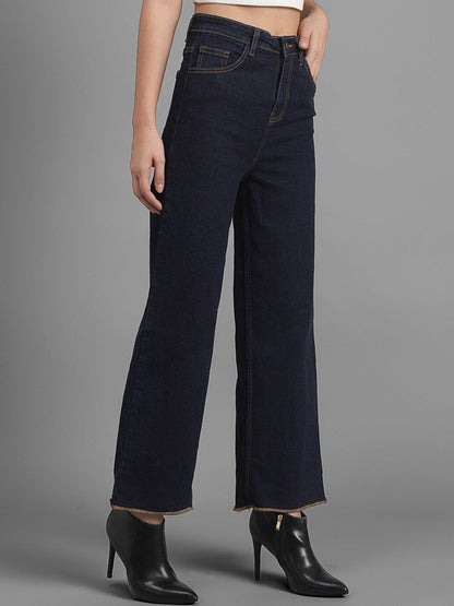 Women Navy Blue Flared High-Rise Clean Look Jeans