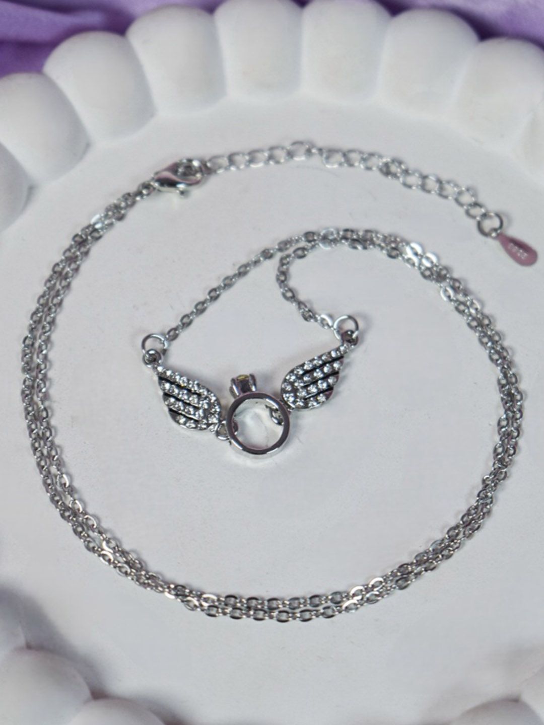SALTY Stainless Steel Silver Plated Angel Wings Stone Studded Necklace