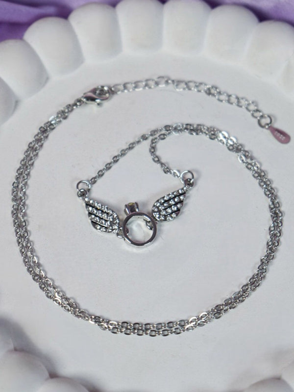 SALTY Stainless Steel Silver Plated Angel Wings Stone Studded Necklace