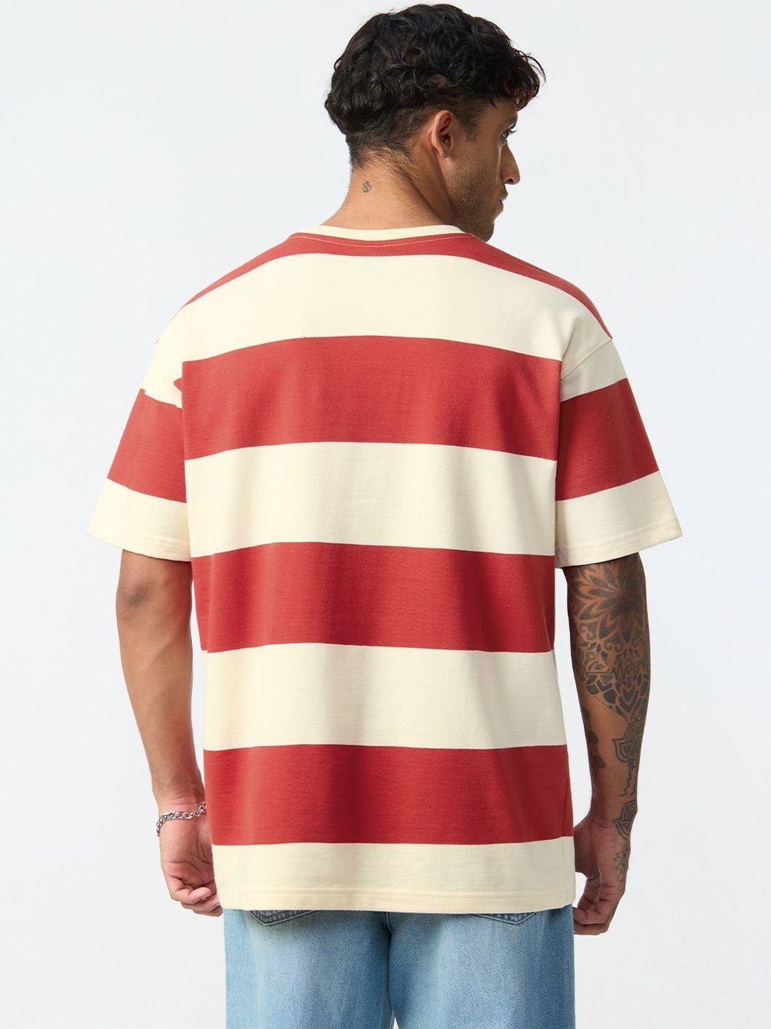 Striped Drop-Shoulder Sleeves Pure Cotton Oversized Tshirt