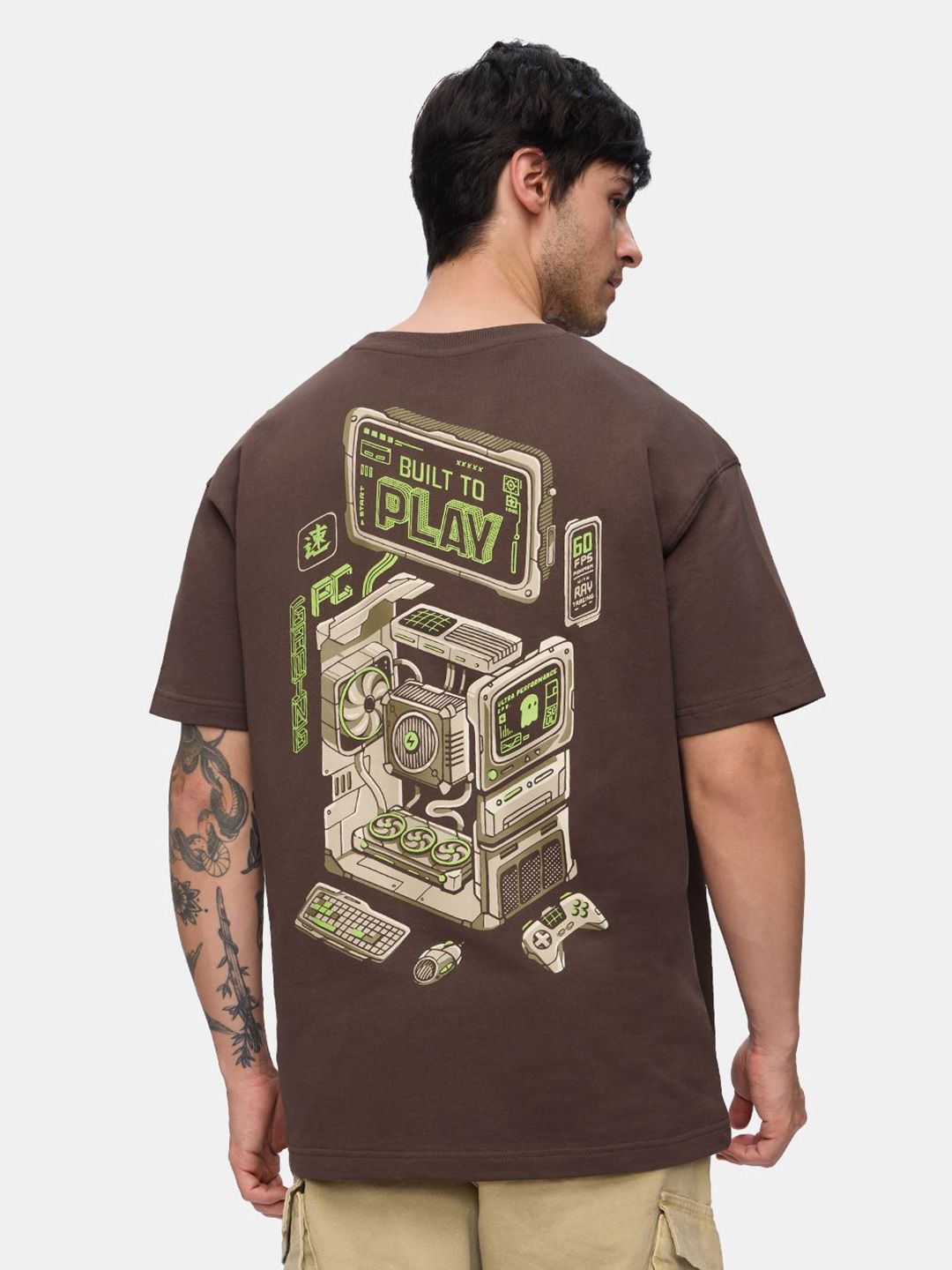 Men Oversized Fit Printed Brown T-Shirts