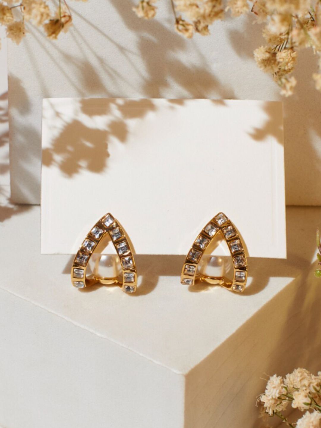 SALTY Gold-Plated Artificial Stones-Studded Contemporary Studs Earrings