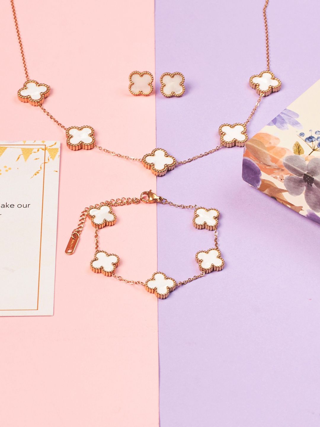 SALTY White Clover Affair Necklace, Bracelet & Earrings Diwali Gift Set for Women