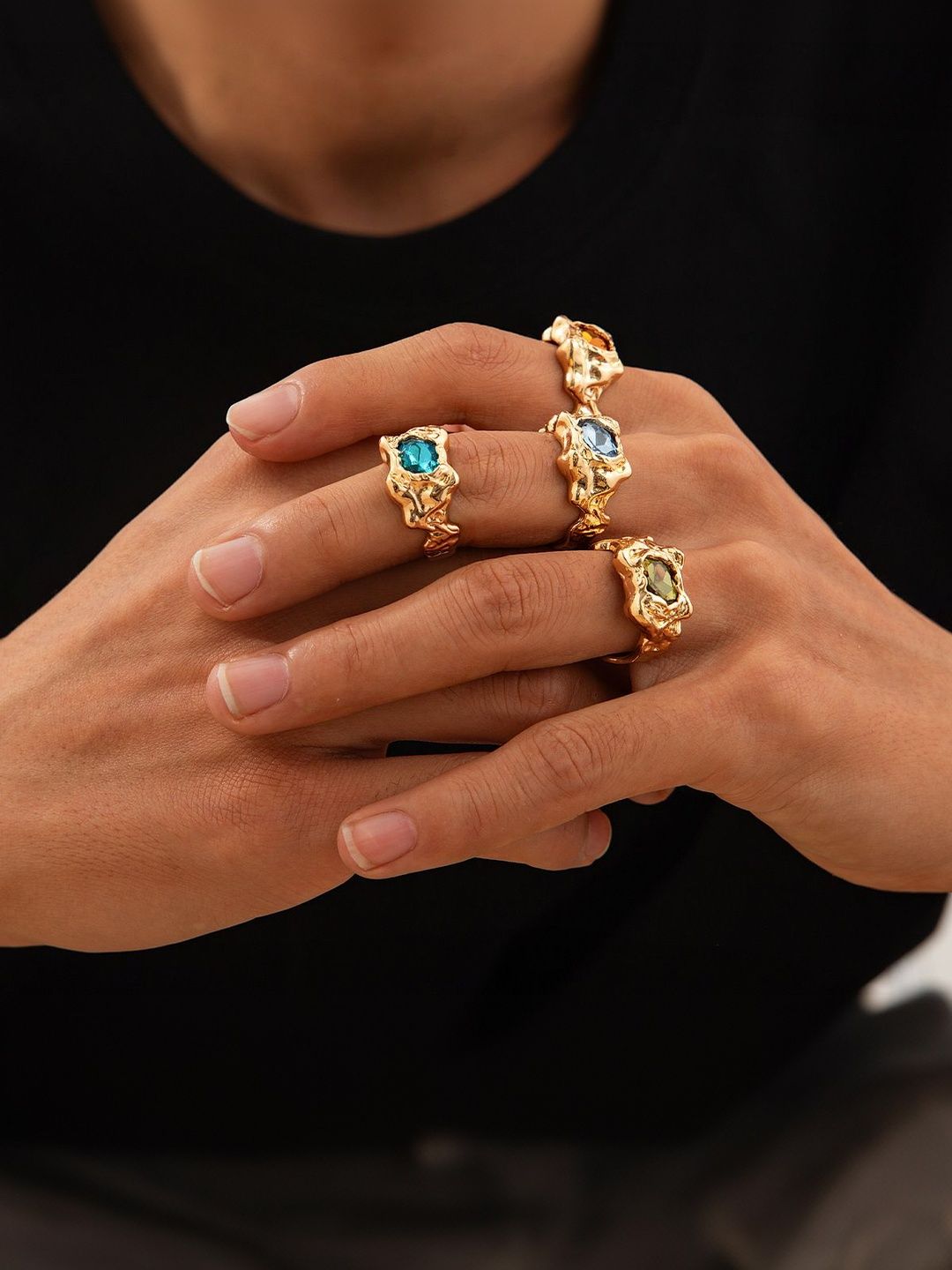 Men Set Of 4 Gold-Plated Stone-Studded Finger Ring