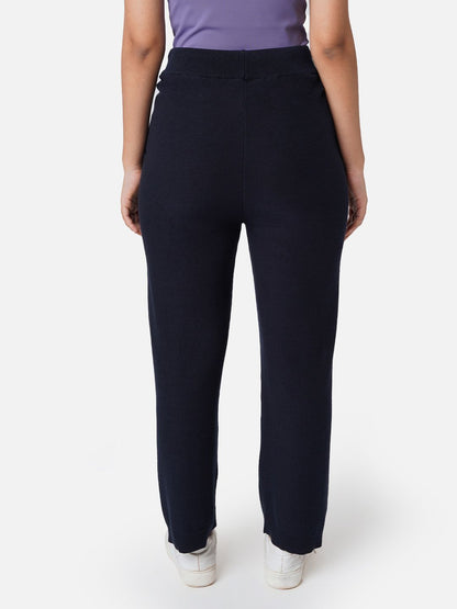 Women Navy Regular Cotton Mid Rise Pants with Two Pockets