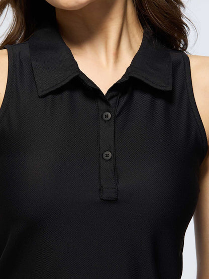 Women Black Techpique Sleeveless Polo Top