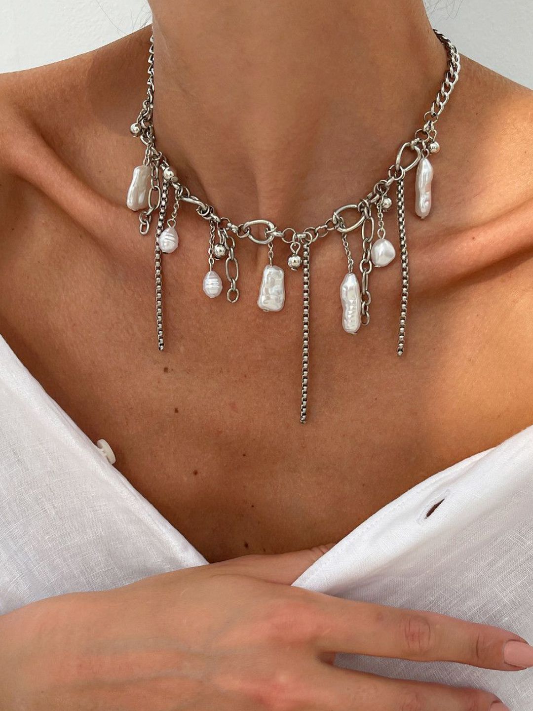 Silver-Plated Artifcial Beaded Tasselled Statement Necklace