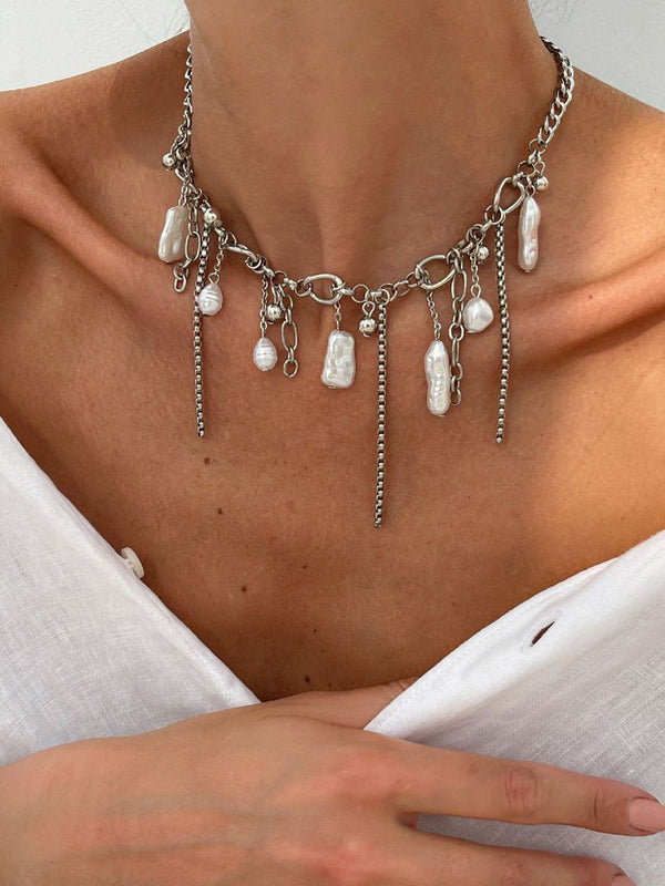 Silver-Plated Artifcial Beaded Tasselled Statement Necklace
