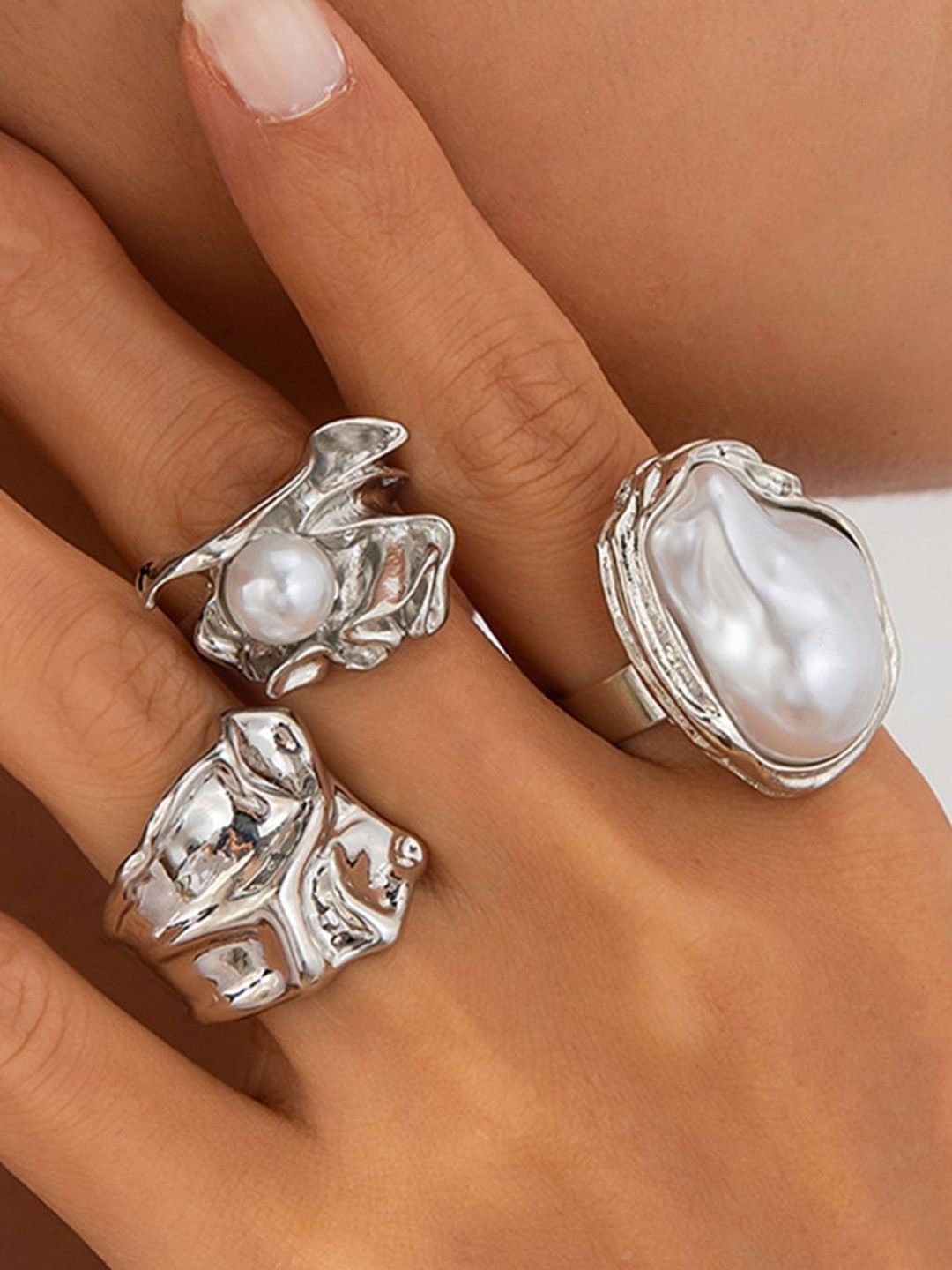 Set of 3 Silver-Plated Pearl-Studded Finger Ring