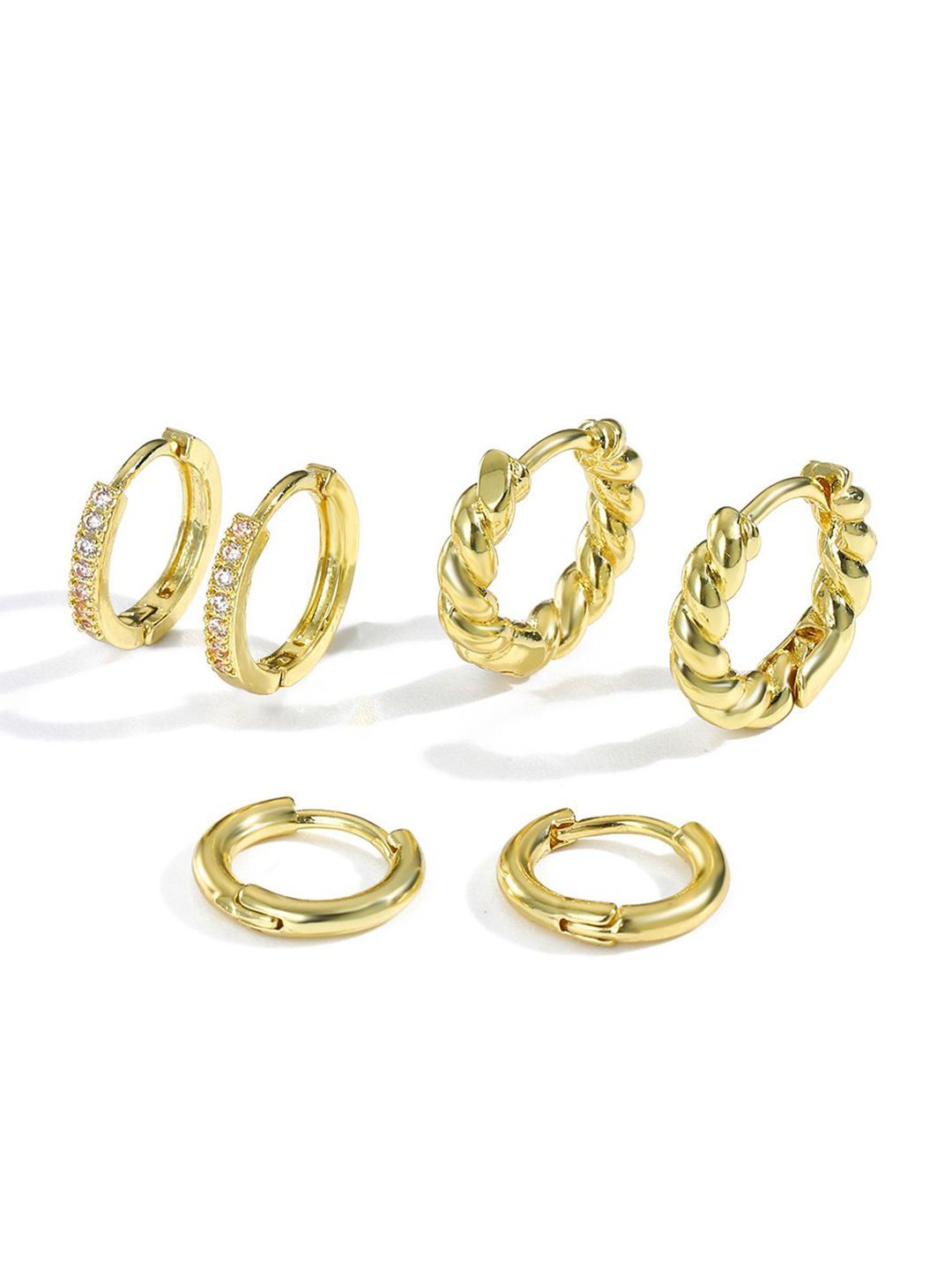 Set Of 3 Gold Plated  Artificial Studded Circular Shaped Hoop Earrings