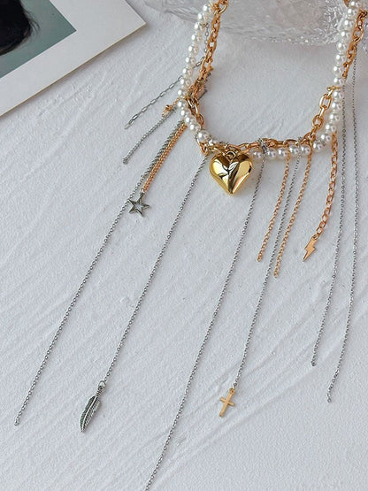 Silver-Plated Pearls Beaded Tasselled Statement Necklace