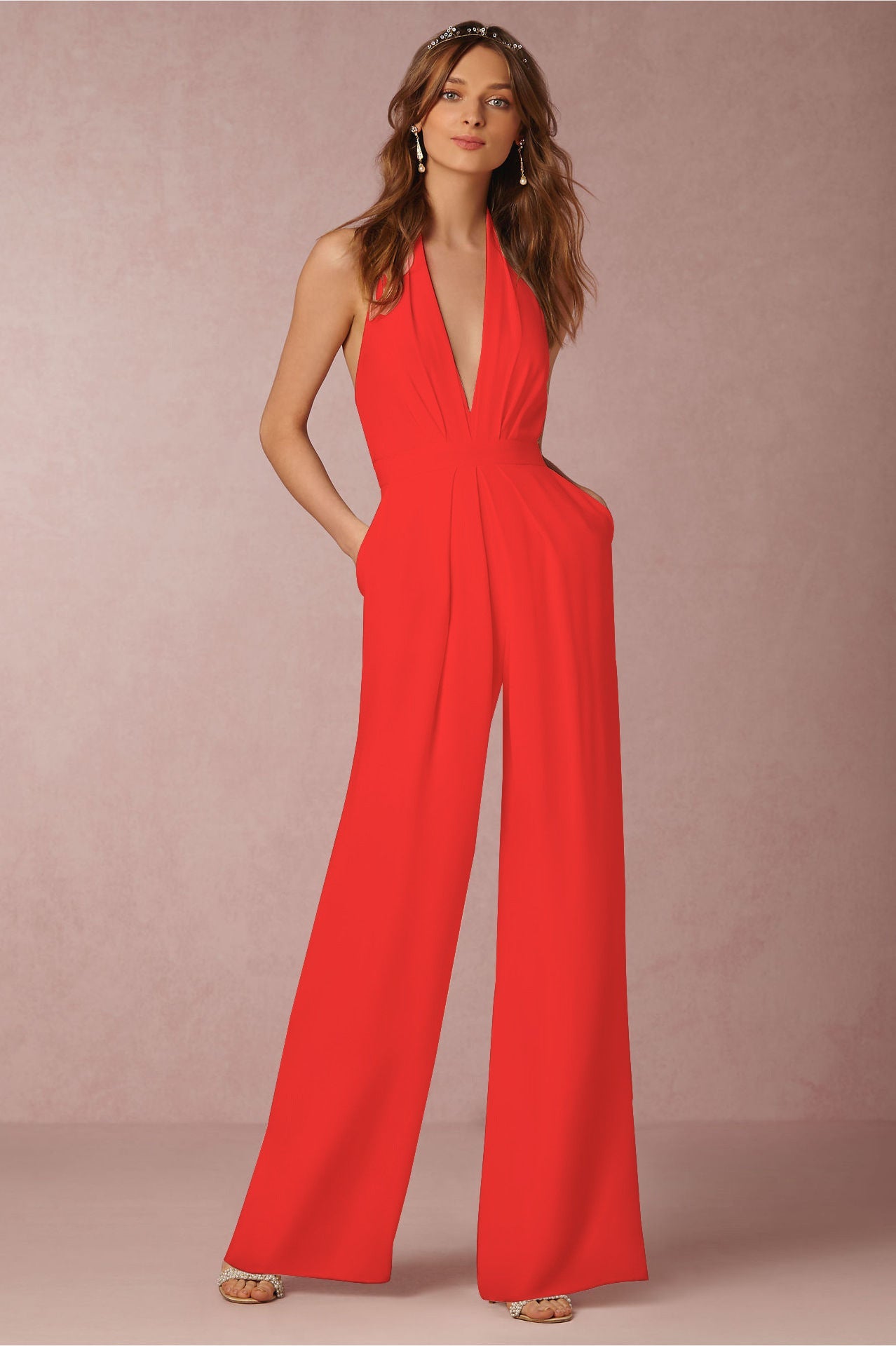 Wide-Leg Jumpsuit with Halter Neck and Deep V-Neck