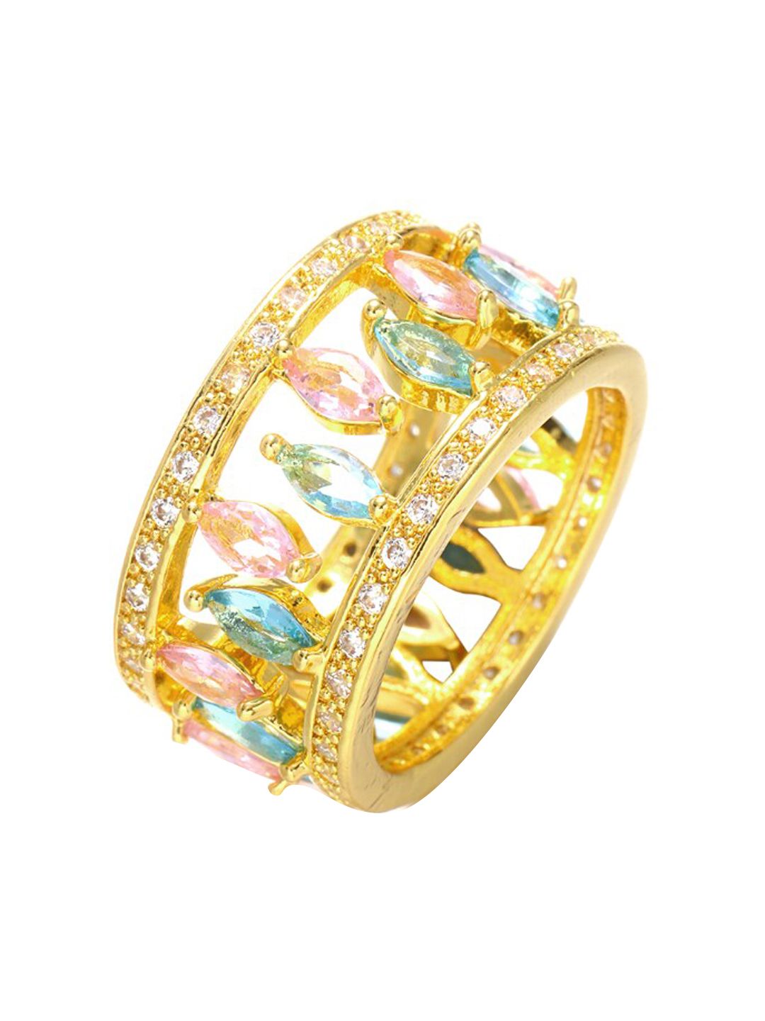 SALTY Set of 2 Gold-Plated Crystals-Studded Baguette Ring