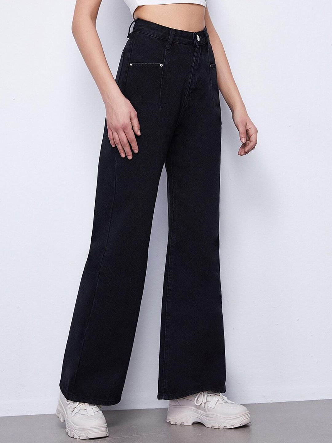 Women Black Jean Flared High-Rise Low Distress Stretchable Jeans