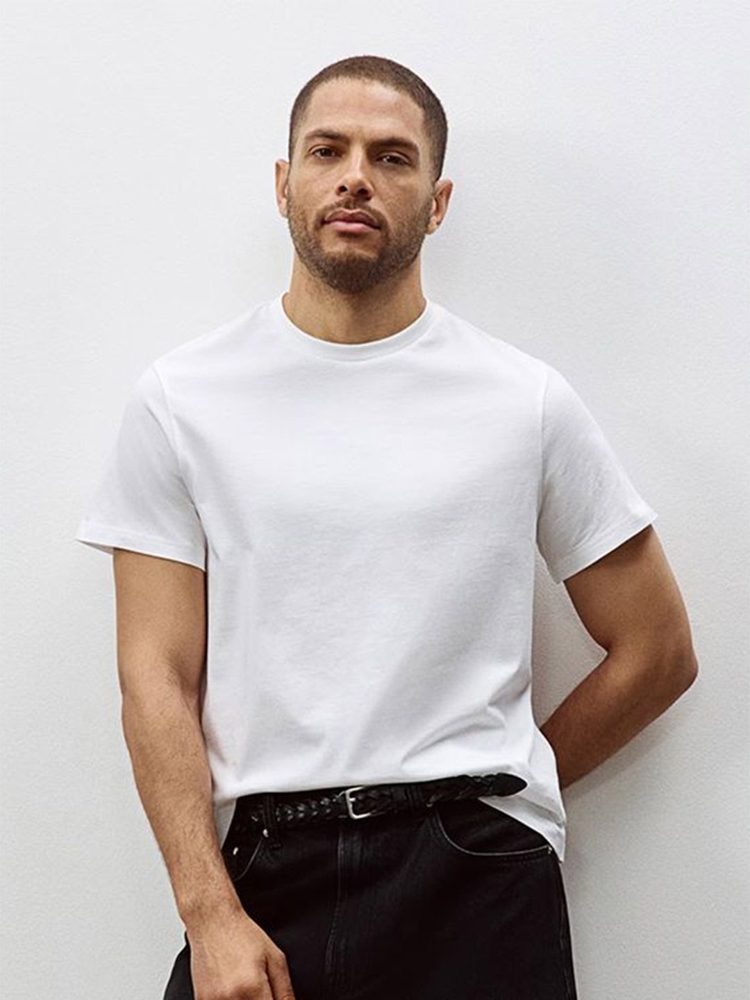 HM Men White Solid Cotton Pure Cotton T-shirt Regular Fit