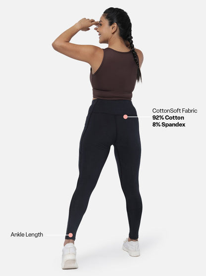 Women Black High Waisted Cotton Leggings with Hidden Drawstring