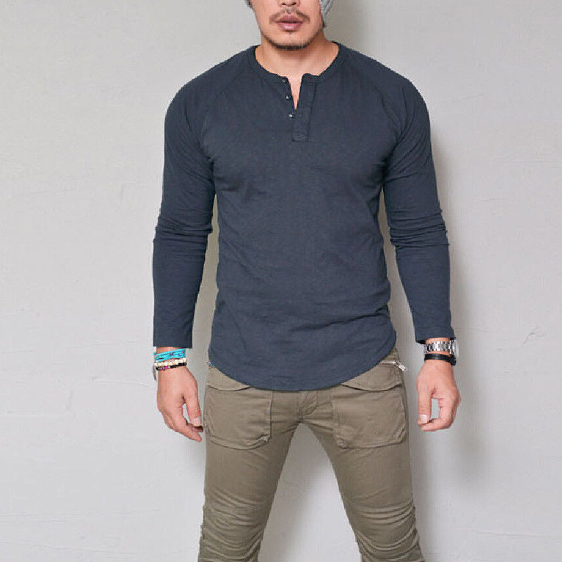 Solid Long-Sleeve Henley T-Shirt with Curved Hem